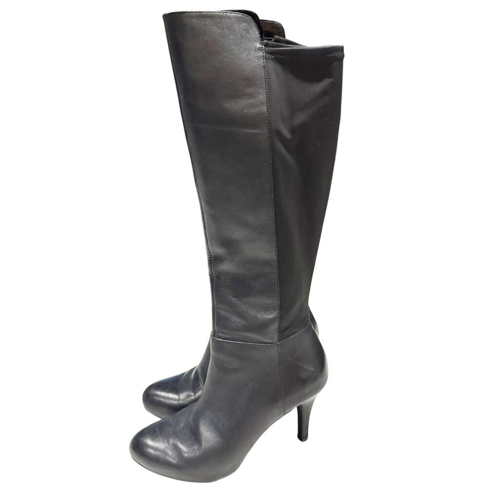 Me Too Women 6.5 Knee High Zip Leather Boots Black Low Heel Buckle Calf Stretch
